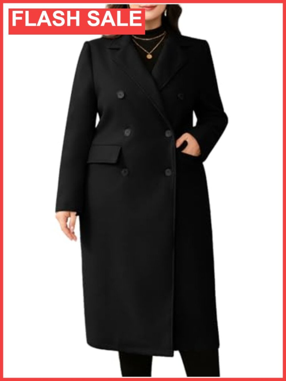 Plus Size Wool Blend Pea Coat Double Breasted Notch Lapel Long Trench Coat